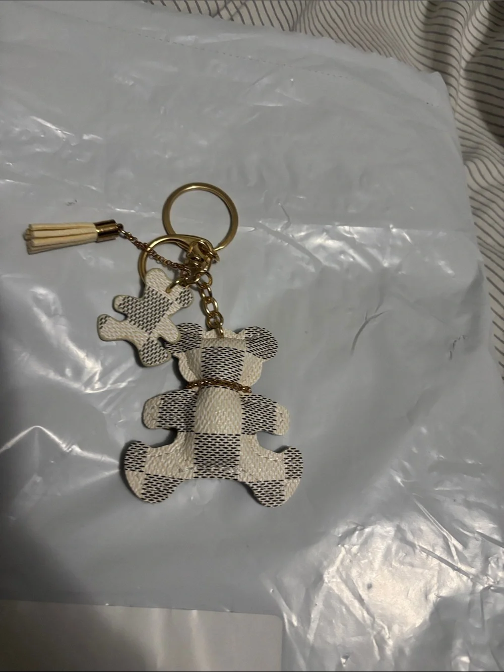 Stylish damier leather bear keychain